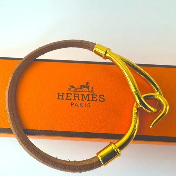 Hermès Suede Hook Bracelet Authentic Gold Plated Hermes Equestrian 1995 Vintage - Picture 2 of 12